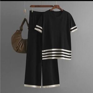 0866.  Elegant Black and White Two Piece Knit Suit